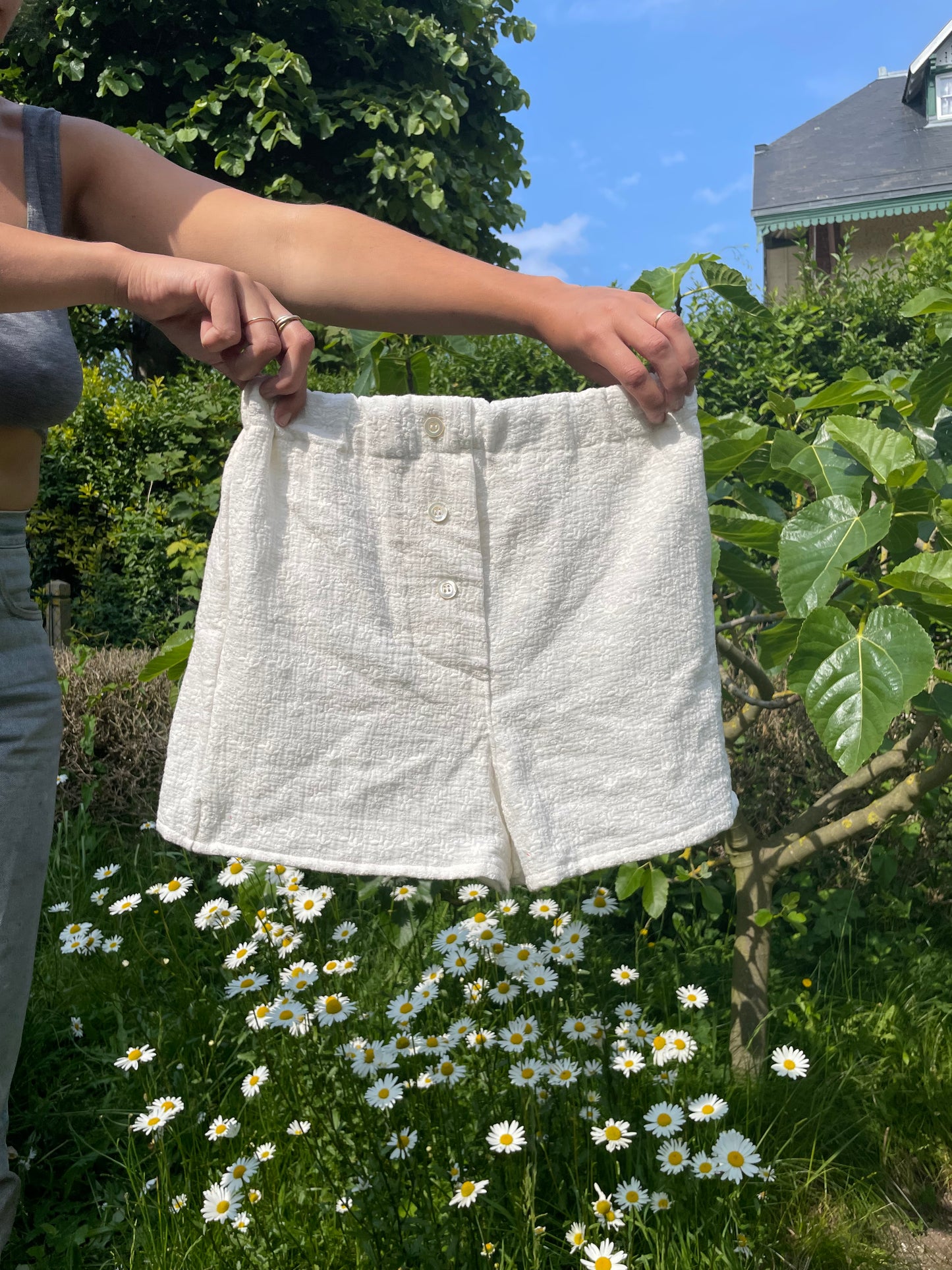 caleçon en double gaze blanc cassé brodé doublé