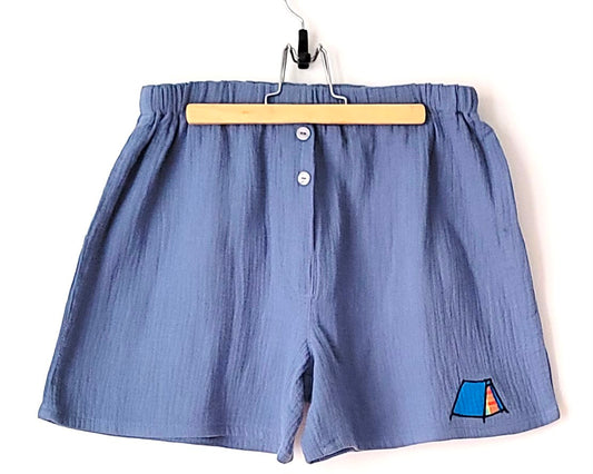 Caleçon-short double gaze bleu-gris ardoise mini-motif tente