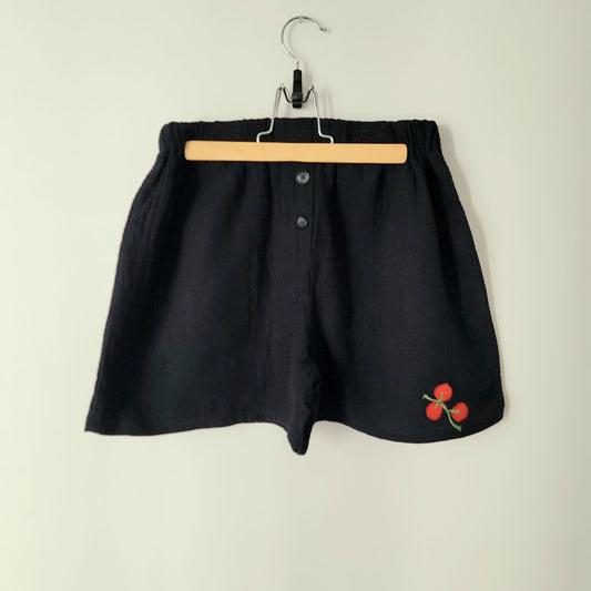 Caleçon-short double gaze noir mini-motif tomates