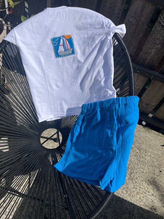 Duo T-shirt voilier/Caleçon double-gaze bleu france