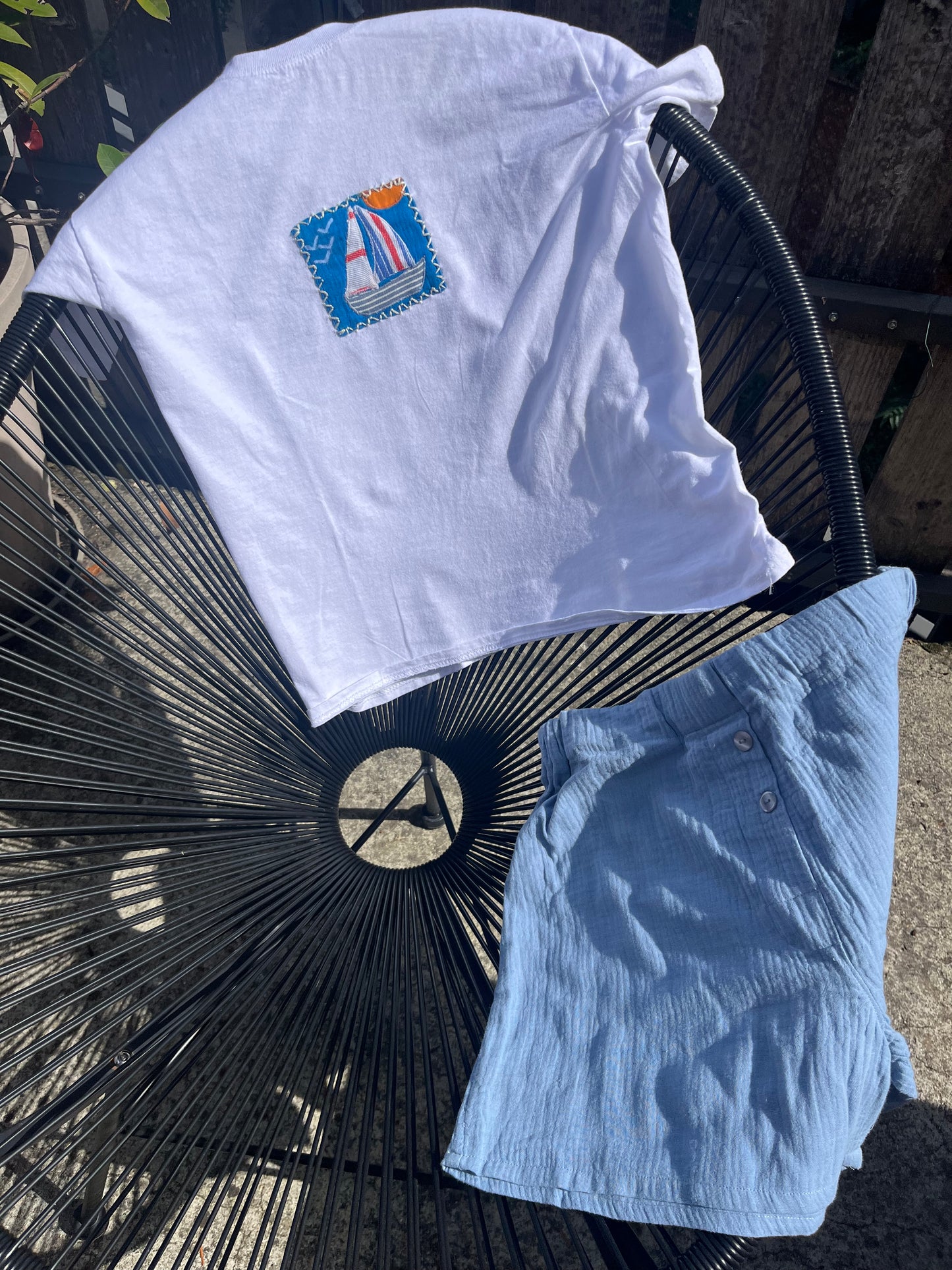 Duo T-shirt voilier/Caleçon double-gaze bleu pâle