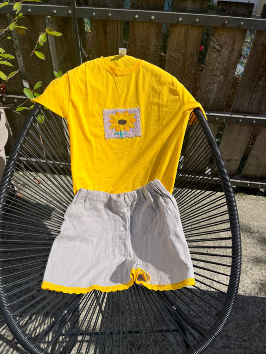 Duo T-shirt Tournesol / Caleçon double-gaze gris clair-bord jaune vif